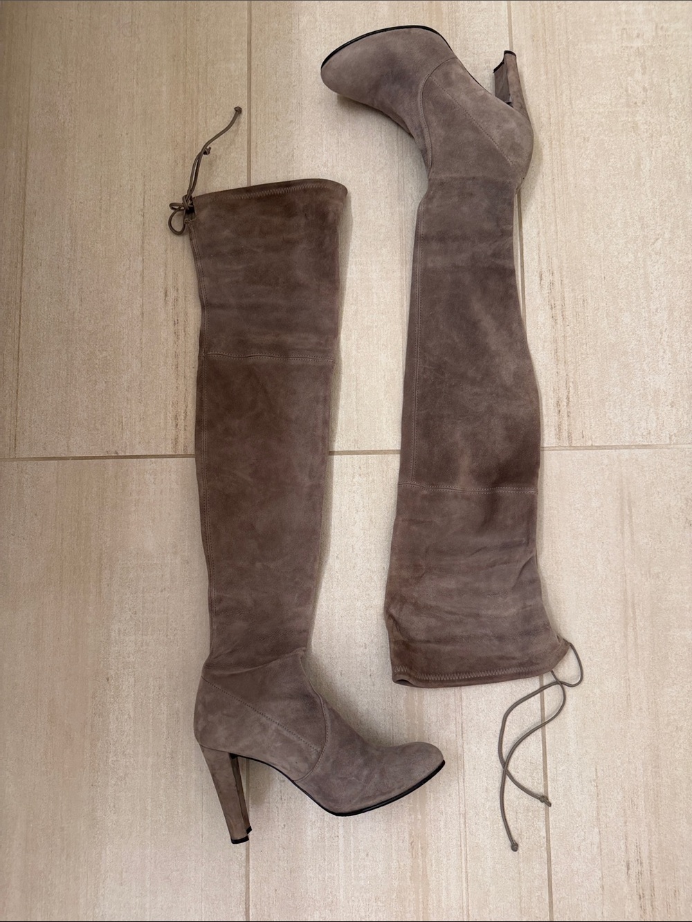 Stuart Weitzman Taupe Suede Over-the-Knee Heeled Boots